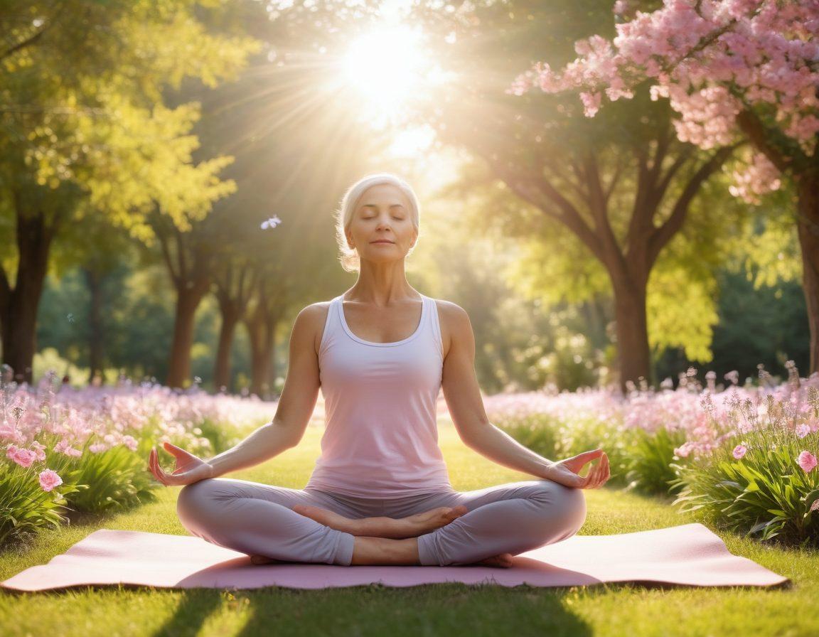 An inspiring scene of a serene cancer survivor practicing yoga in a sunlit park, surrounded by blooming flowers and gentle butterflies. The individual is radiating calm and positivity, embodying the balance of body and mind. In the background, soft silhouettes of support groups evoke a sense of community and hope. Depict a warm color palette to symbolize healing and tranquility. super-realistic. soft colors. natural setting.