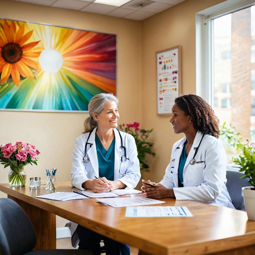 A compassionate doctor discussing treatment options with a patient in a warm, welcoming clinic, surrounded by uplifting wellness visuals and informative charts. Include elements symbolizing hope and support, like blooming flowers and sunlight streaming through the window. The scene should convey a sense of trust and empowerment in navigating cancer care. vibrant colors. soft focus. super-realistic.