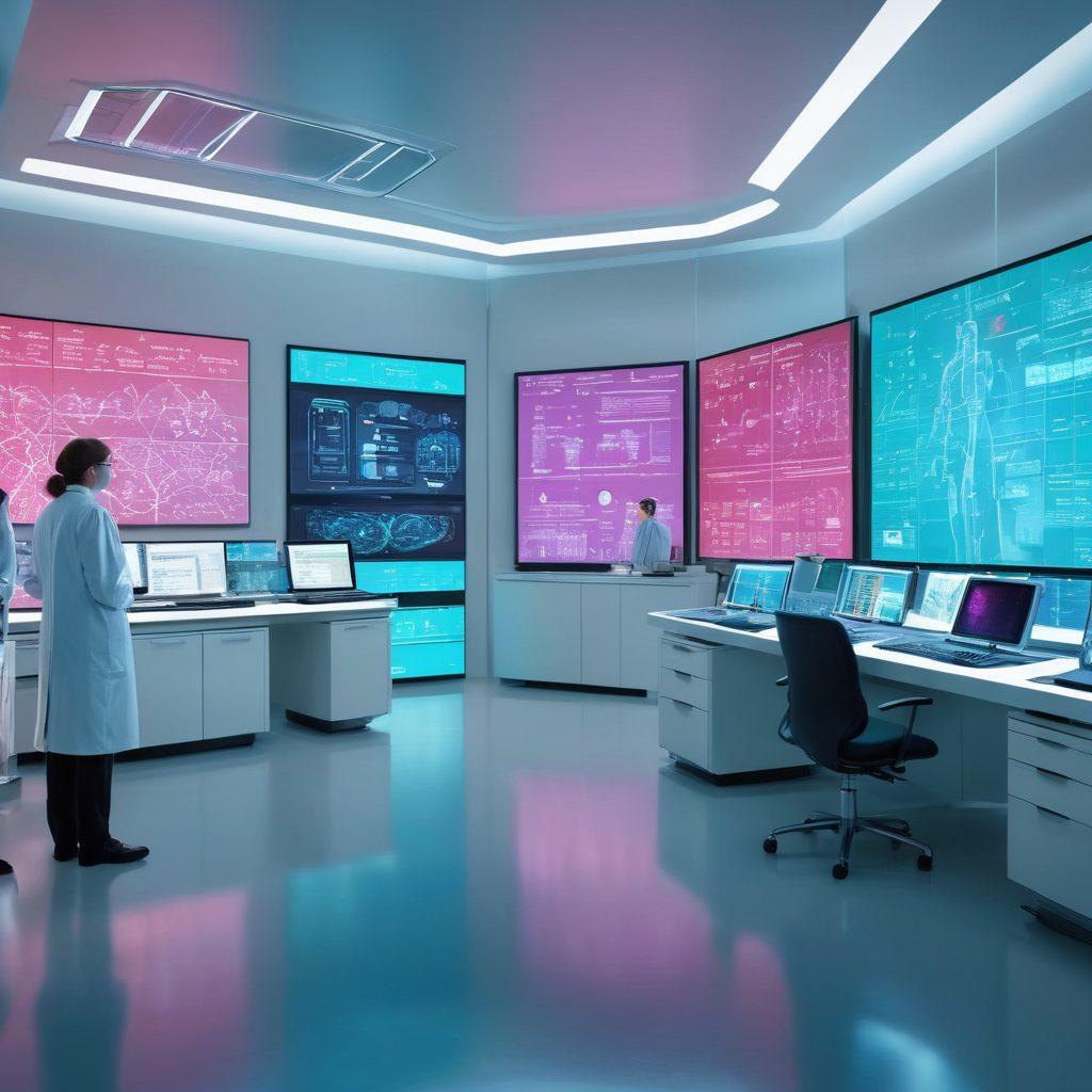 A futuristic laboratory showcasing diverse medical professionals collaborating on innovative therapies, with holographic displays of personalized medicine charts and genomic data. In the background, advanced technology and bright screens symbolize hope and progress in oncology. The environment is vibrant and dynamic, conveying a sense of optimism and cutting-edge science. digital art. bright colors. modern aesthetic.